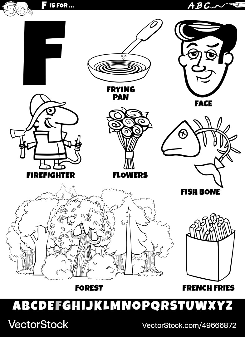 Letter f set with cartoon objects and characters Letter f set with cartoon objects and characters vector image