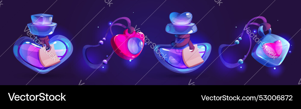 Love potion in glass bottles and amulet pendant Love potion in glass bottles and amulet pendant vector image