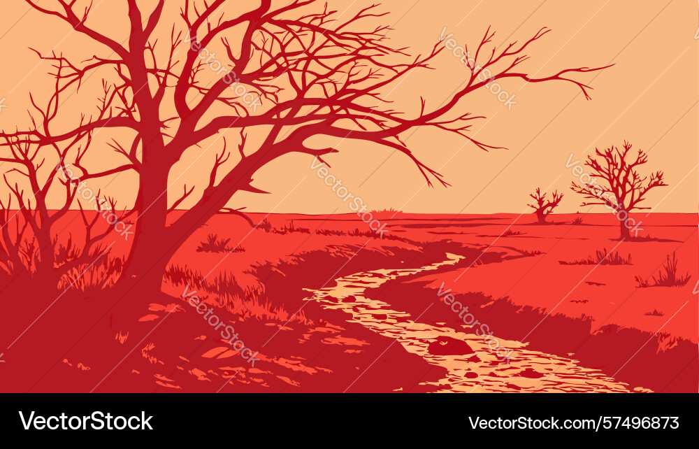 Expansive fiery red landscape with sparse trees Vector Image