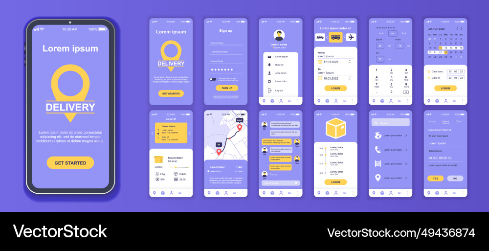 Delivery mobile app interface screens template set Delivery mobile app interface screens template set vector image