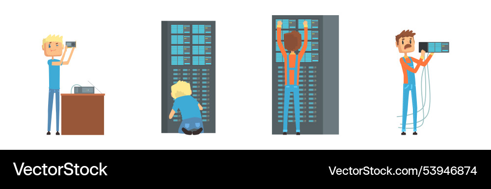 Funny male sysadmin character work with server Funny male sysadmin character work with server vector image