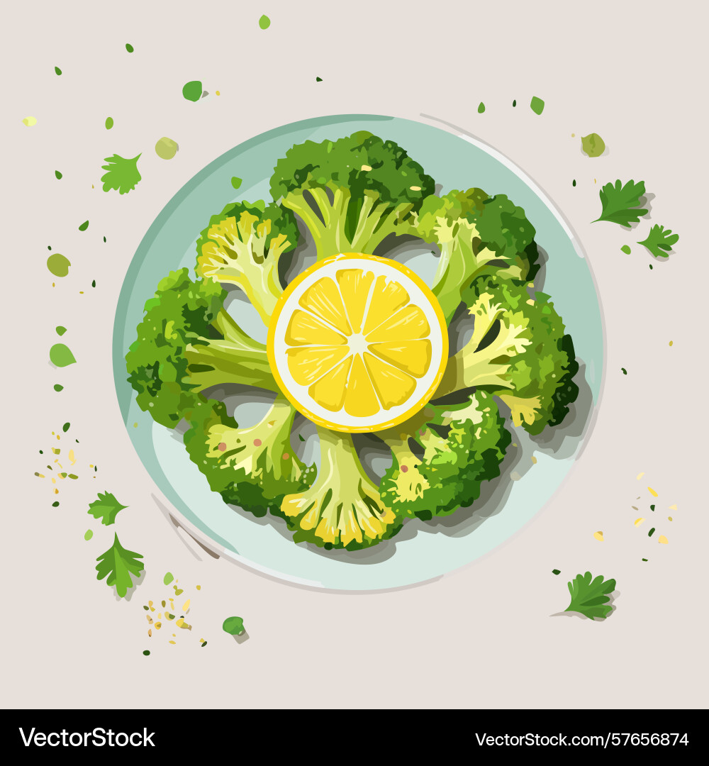 Overhead view of steamed broccoli with lemon Vector Image