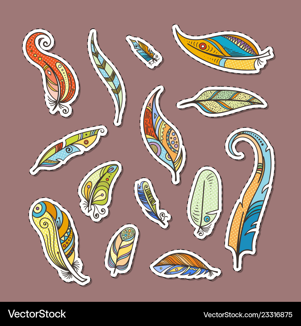 Boho Feather Stickers - Doodle Set Vector Image
