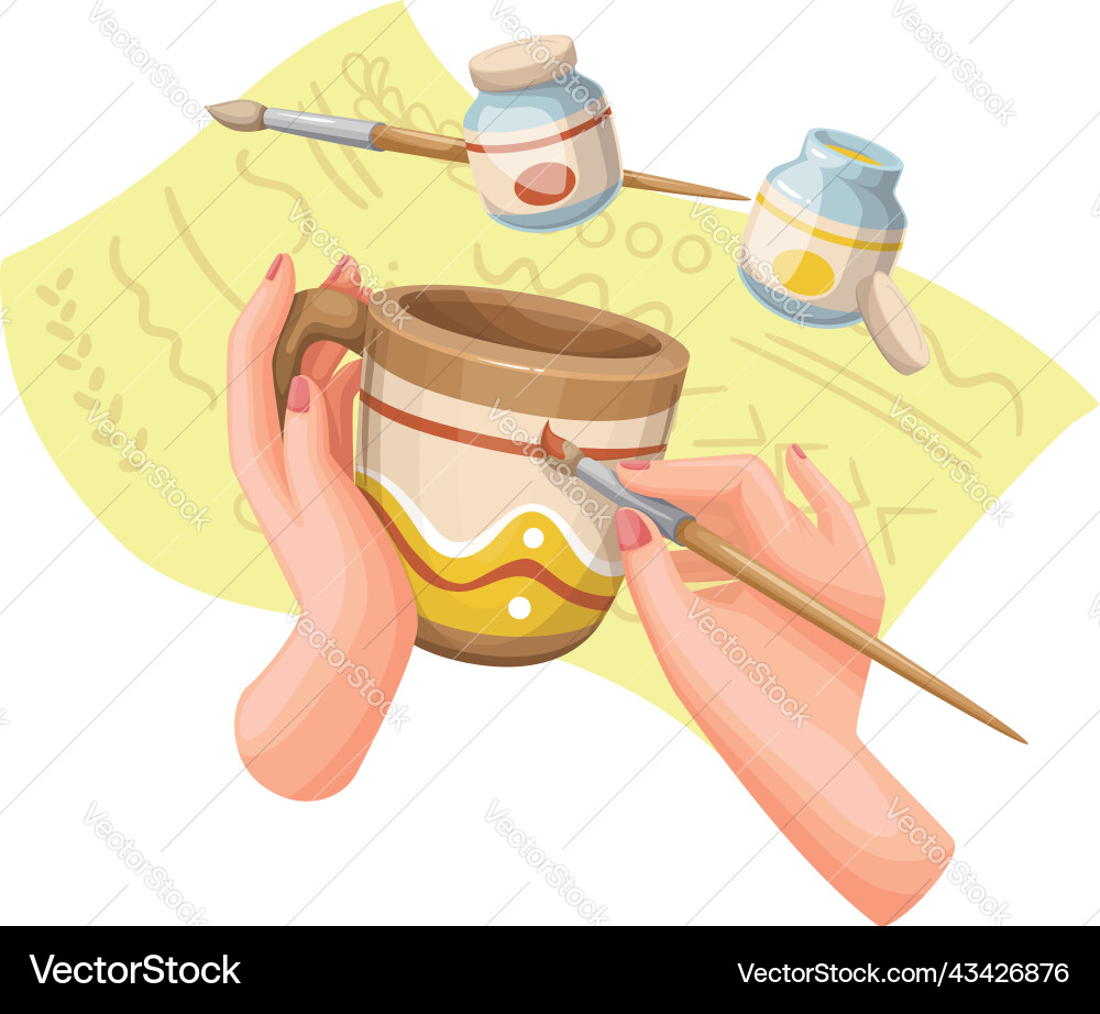 Artist drawing patterns on handmade ceramic mug Artist drawing patterns on handmade ceramic mug vector image