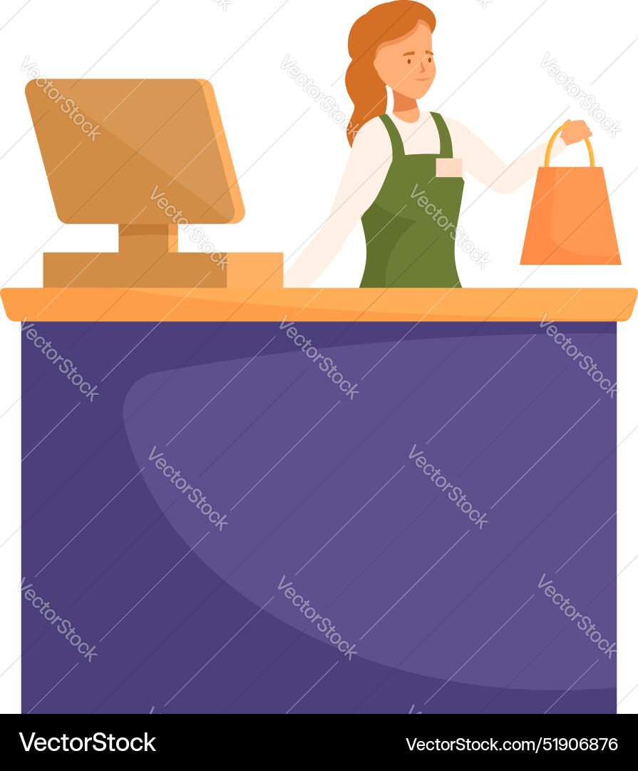 Cashier holding shopping bag behind cash register Cashier holding shopping bag behind cash register vector image