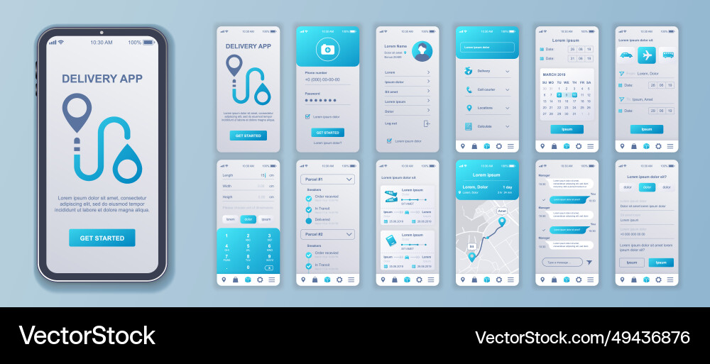 Delivery mobile app interface screens template set Delivery mobile app interface screens template set vector image