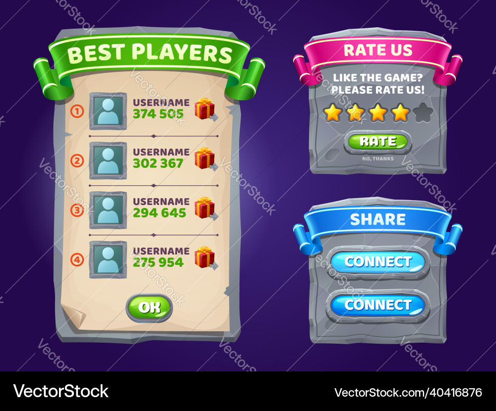 Game ui interface boards with best players list Game ui interface boards with best players list Vector Image
