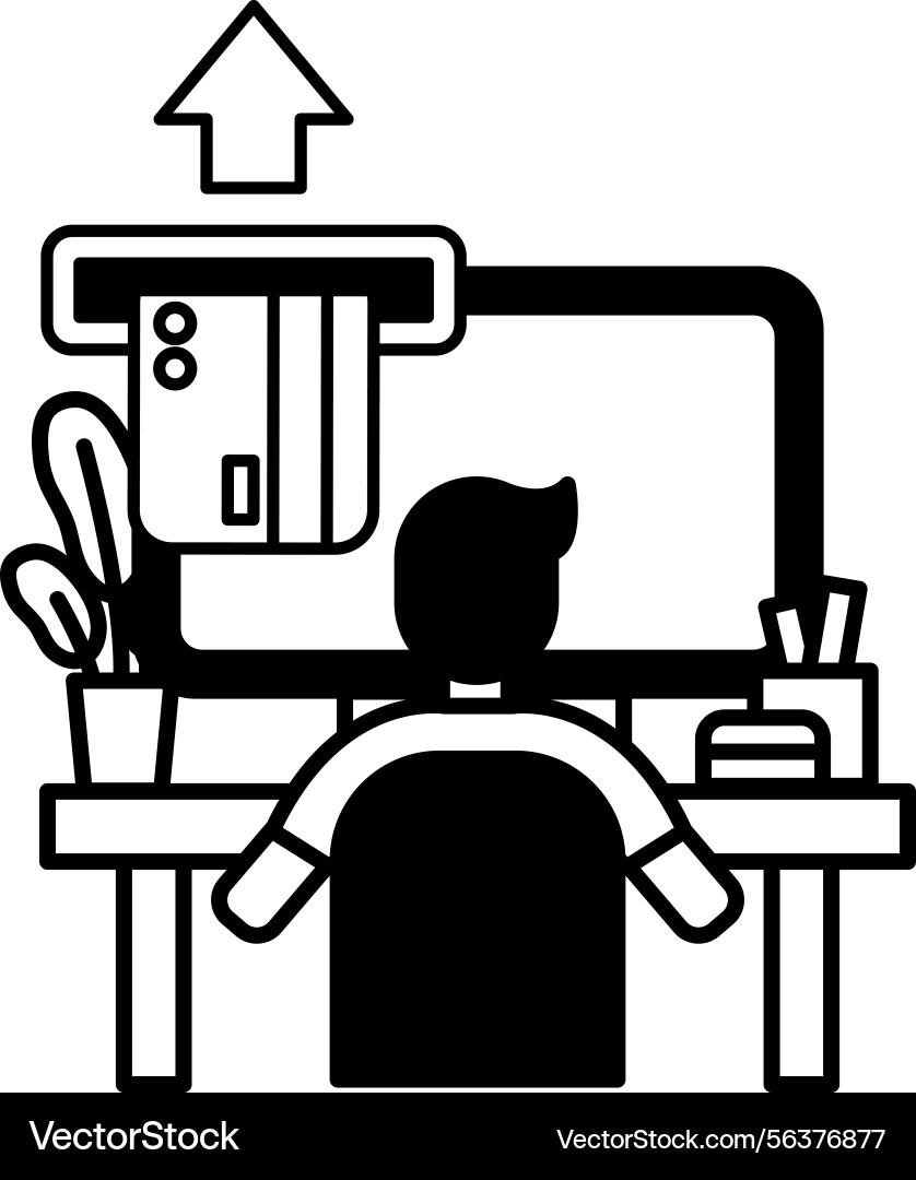 Man is sitting at a desk with computer monitor Man is sitting at a desk with computer monitor vector image