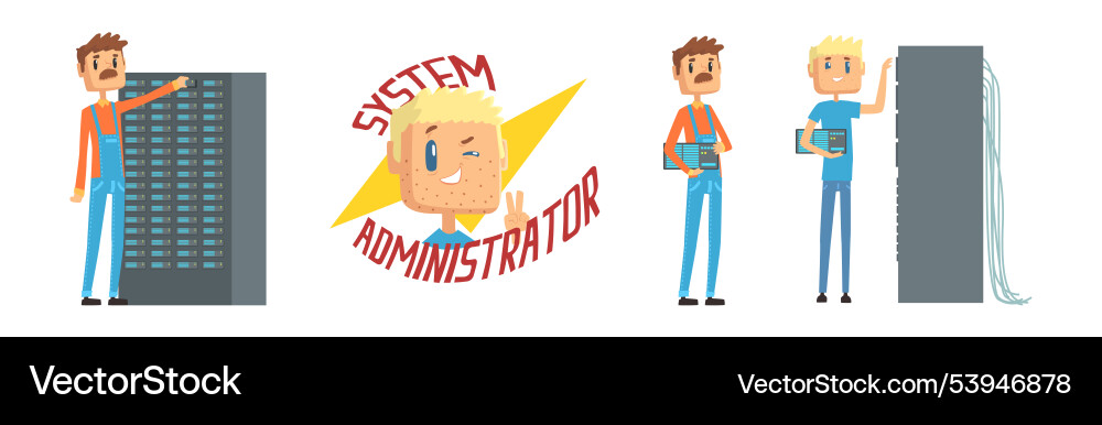 Funny male sysadmin character work with server Funny male sysadmin character work with server vector image