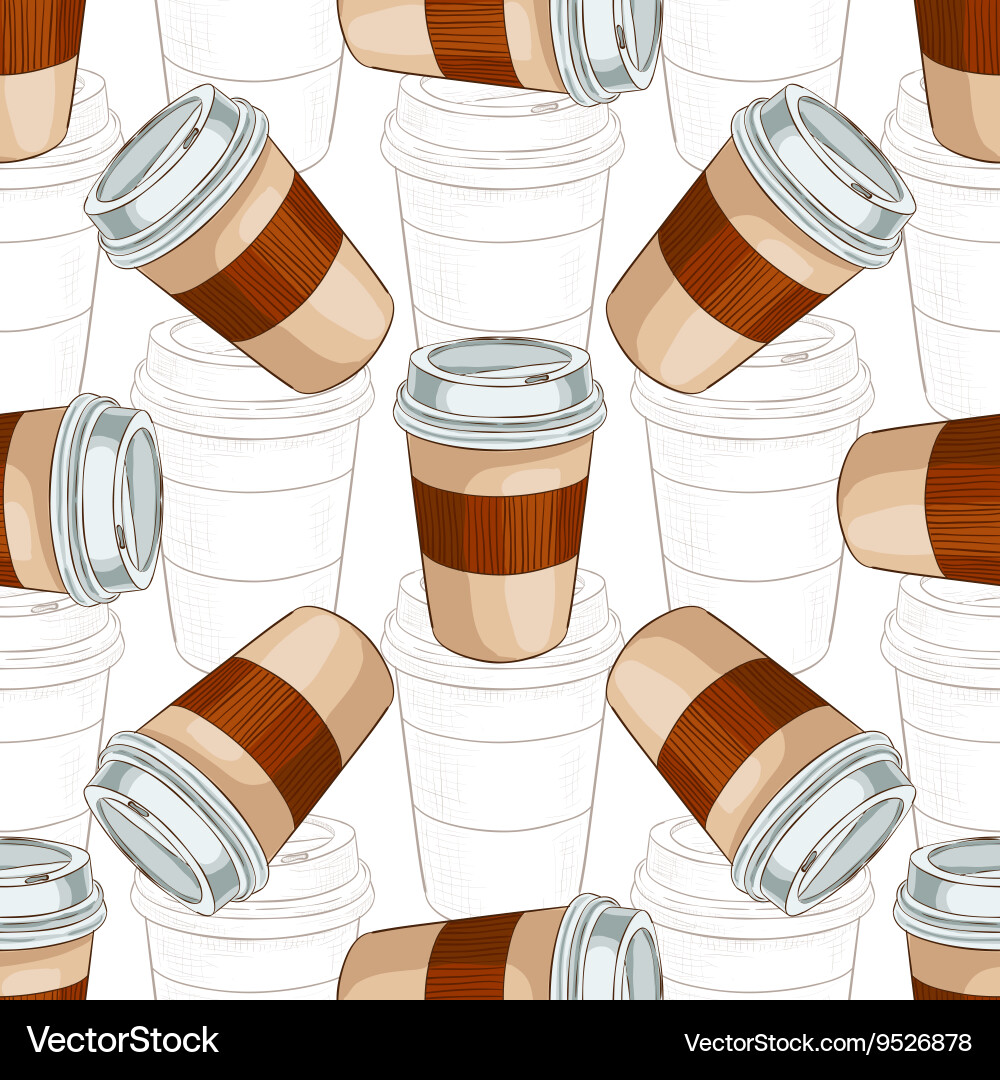 Seamless pattern coffee to go scetch and color vector image