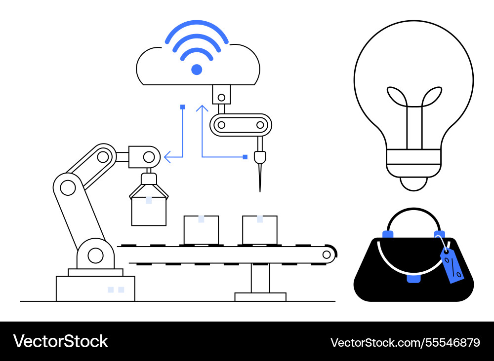 Automatisierte Produktionslinie mit Roboterarm iot Automatisierte Produktionslinie mit Roboterarm iot vektorbild