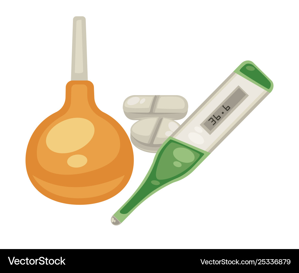 Enema and thermometer pills isolated objects Enema and thermometer pills isolated objects Vector Image