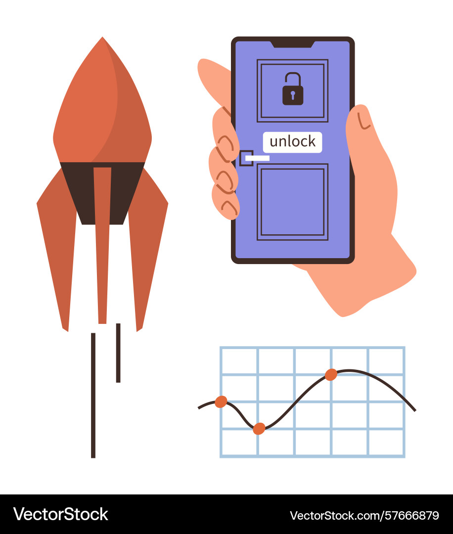 Rocket launch mobile security unlock and data Rocket launch mobile security unlock and data vector image