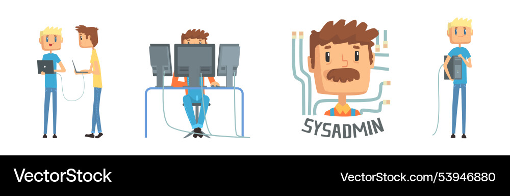 Funny male sysadmin character work with server Funny male sysadmin character work with server vector image