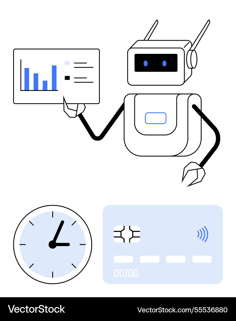 Robot presenting analytics with clock and digital Robot presenting analytics with clock and digital Vector Image