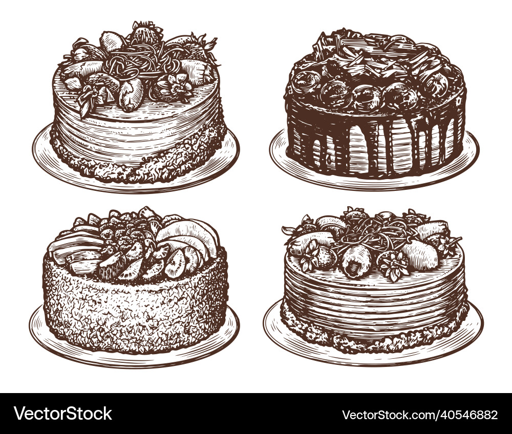 Cake pie set dessert sweet food hand drawn Cake pie set dessert sweet food hand drawn vector image