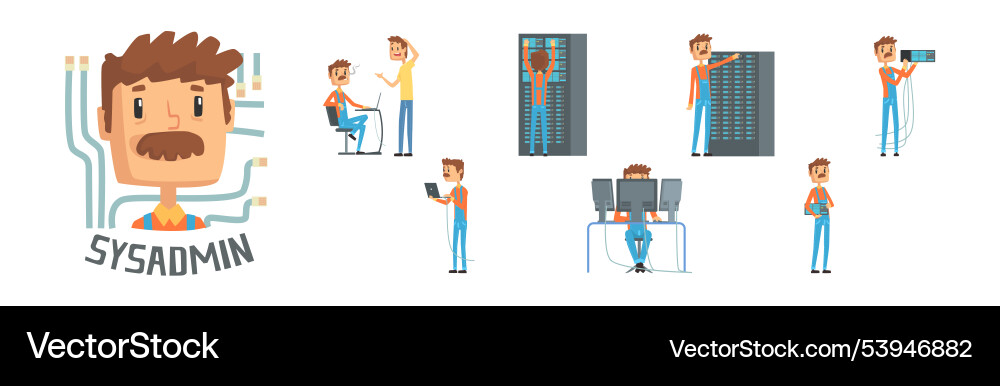 Funny male sysadmin character work with server Funny male sysadmin character work with server vector image
