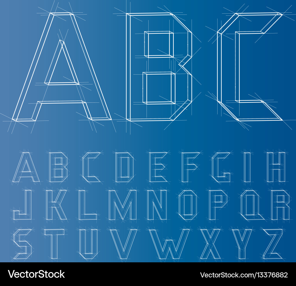 Wireframe Alphabet Font - Blueprint Style Vector Image