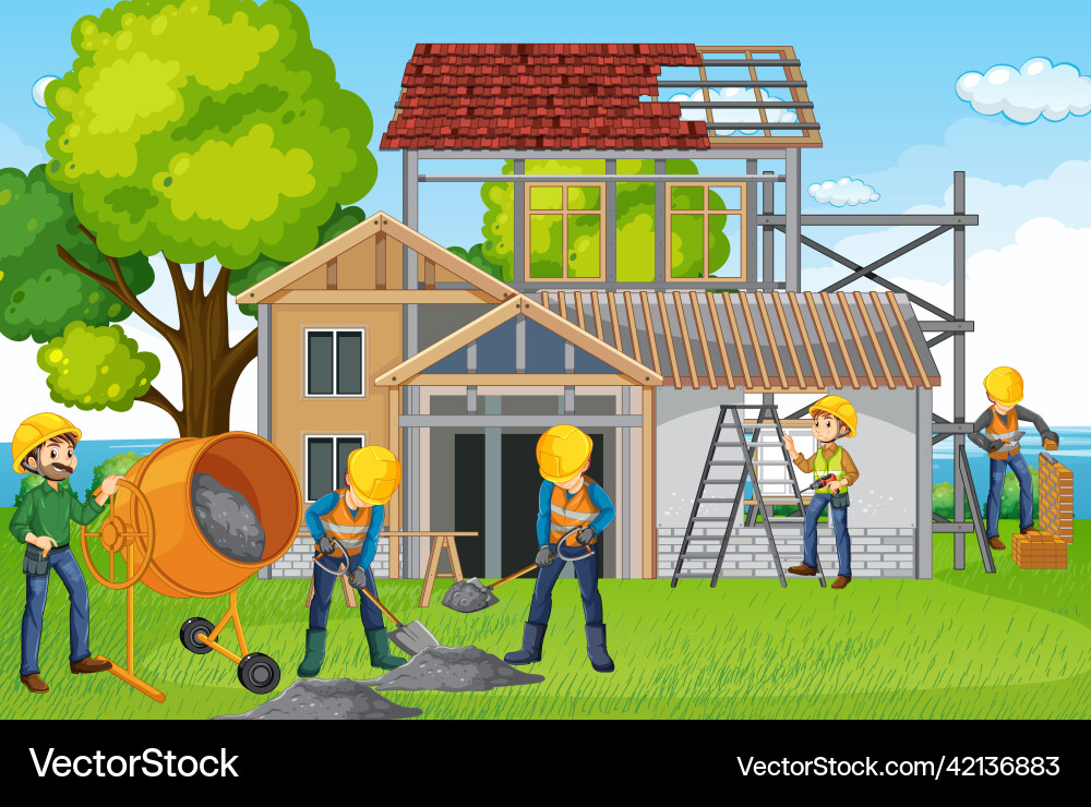 Construction site with workers Royalty Free Vector Image
