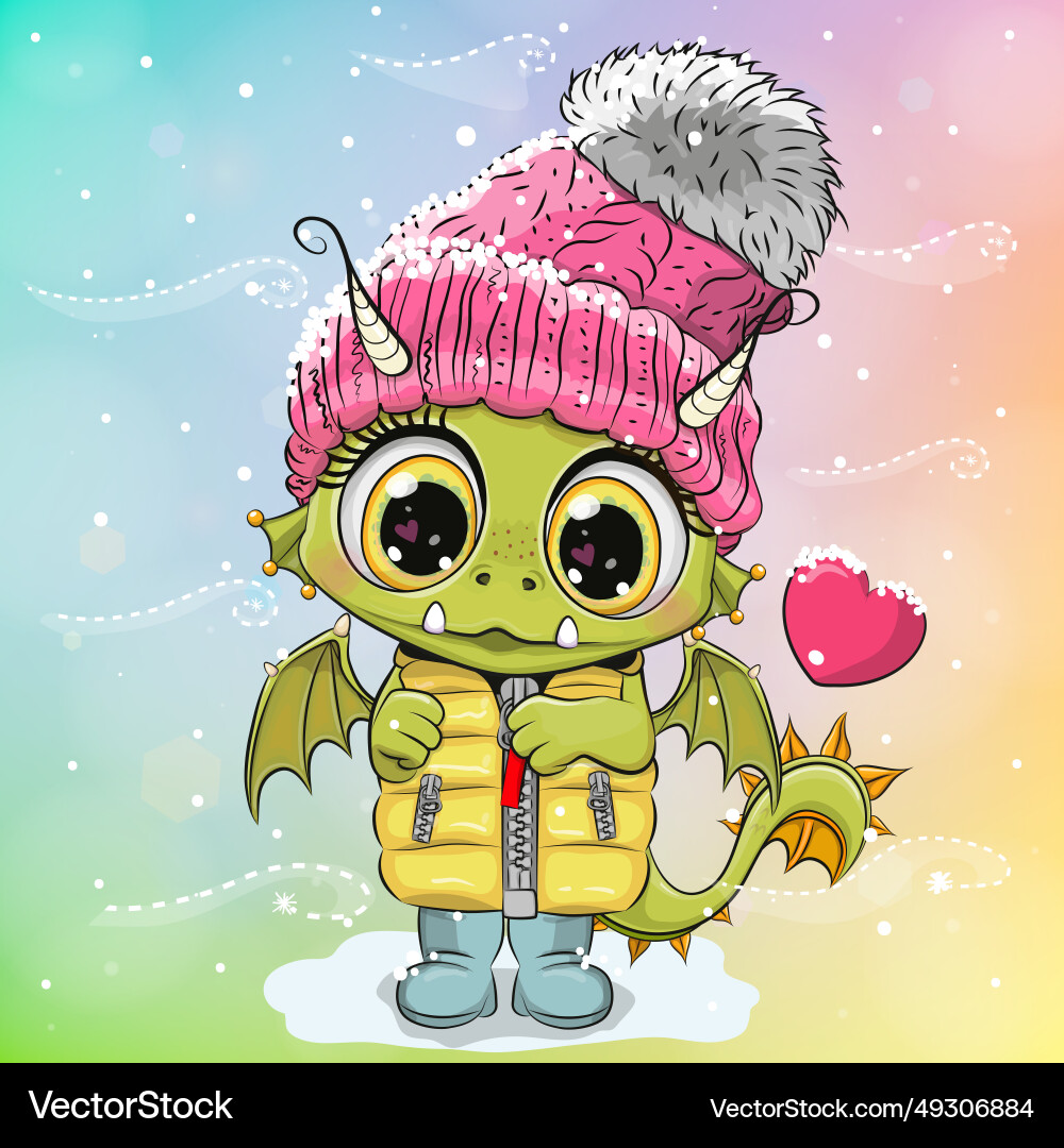 Cartoon dragon in knitted hat with a heart Cartoon dragon in knitted hat with a heart vector image