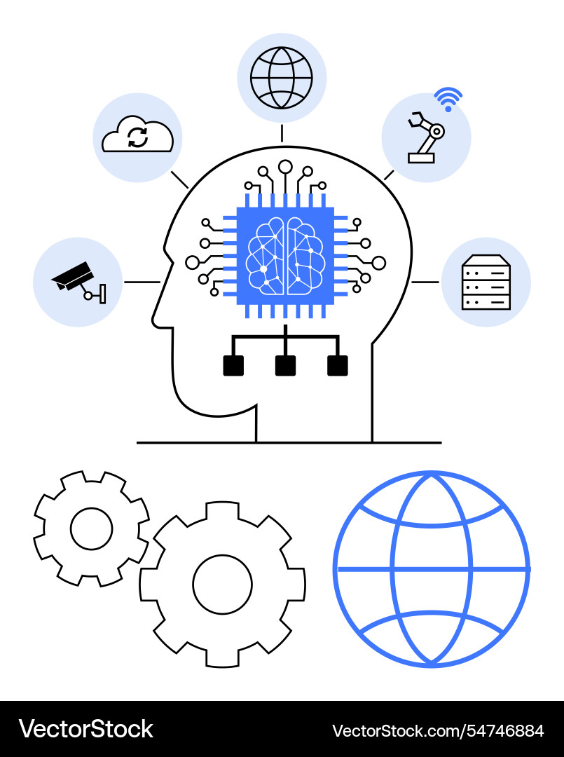 Human head with ai chip and networking elements Vector Image