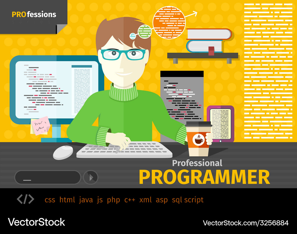 Male Programmer Working on Computer Vector Image