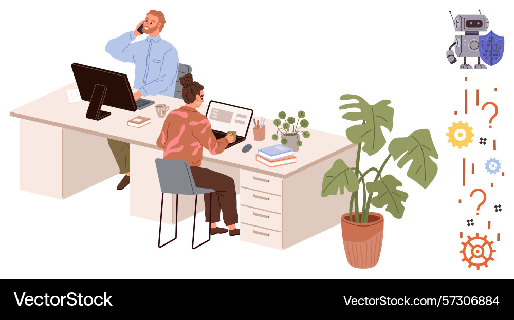 Office workers collaborating at desk with robotic Vector Image