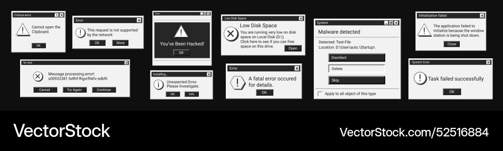 Set of error window messages in black color Vector Image