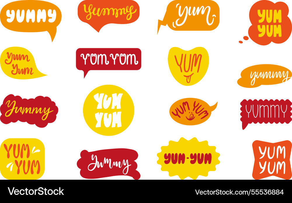 Yummy speech bubbles yum lettering Yummy speech bubbles yum lettering vector image