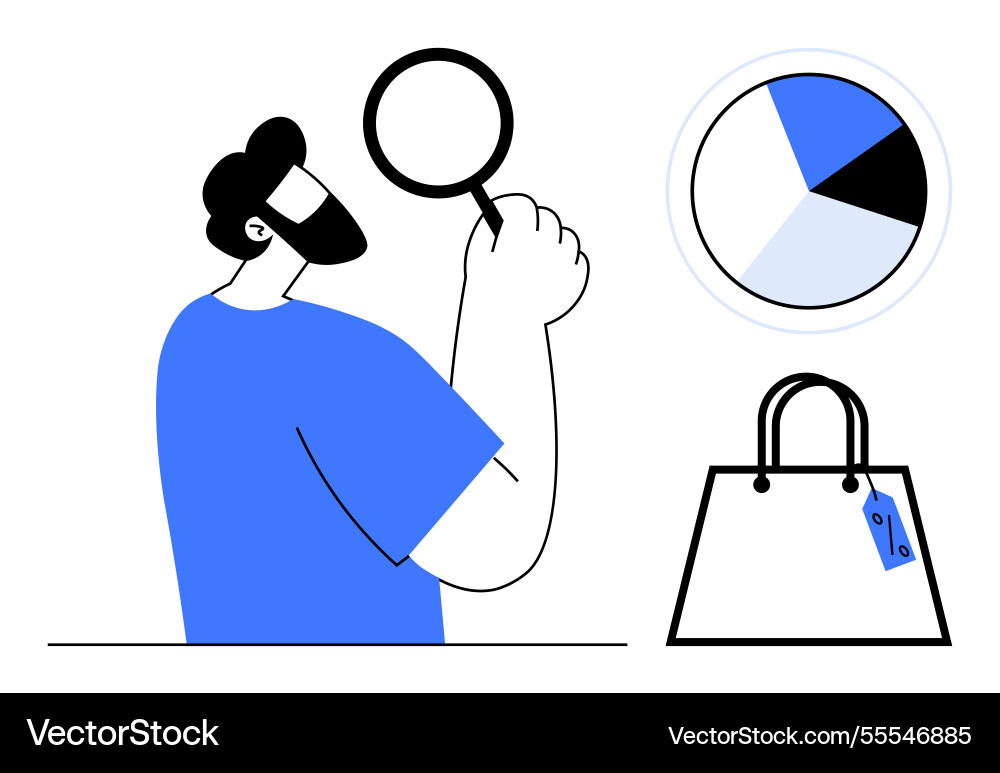 Man analyzing data with magnifying glass near pie Man analyzing data with magnifying glass near pie vector image