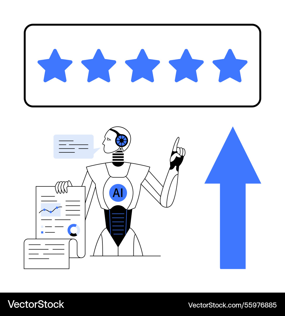 Robot with analysis report and arrow under five Robot with analysis report and arrow under five Vector Image