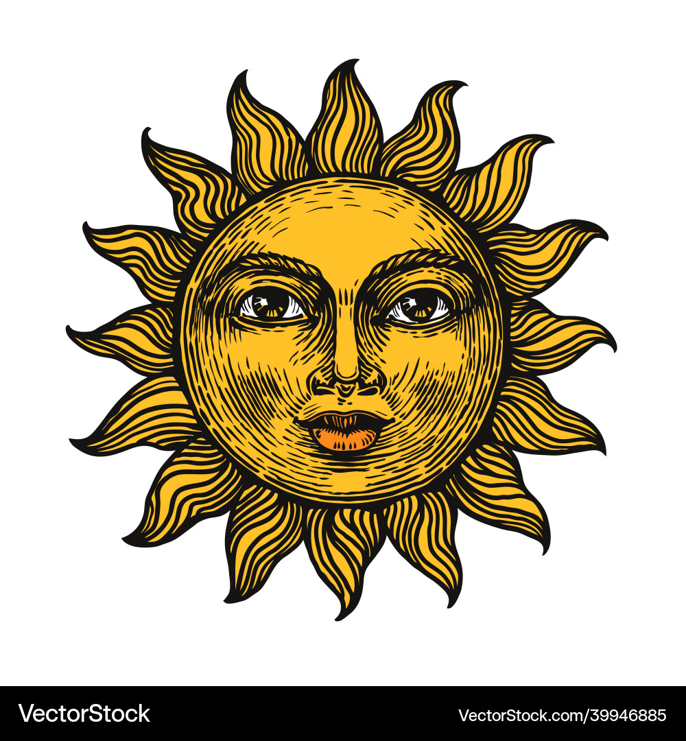 Sun with face color sketch engraving vector image