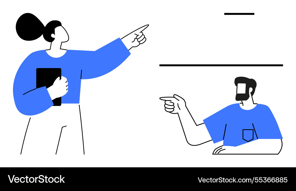 Two abstract figures in discussion pointing Two abstract figures in discussion pointing vector image