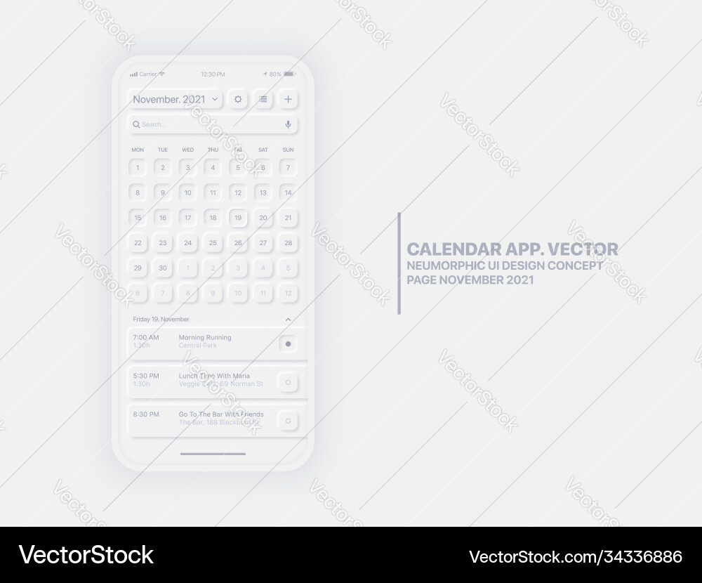 Calendar app november 2021 ui ux neumorphic Calendar app november 2021 ui ux neumorphic Vector Image