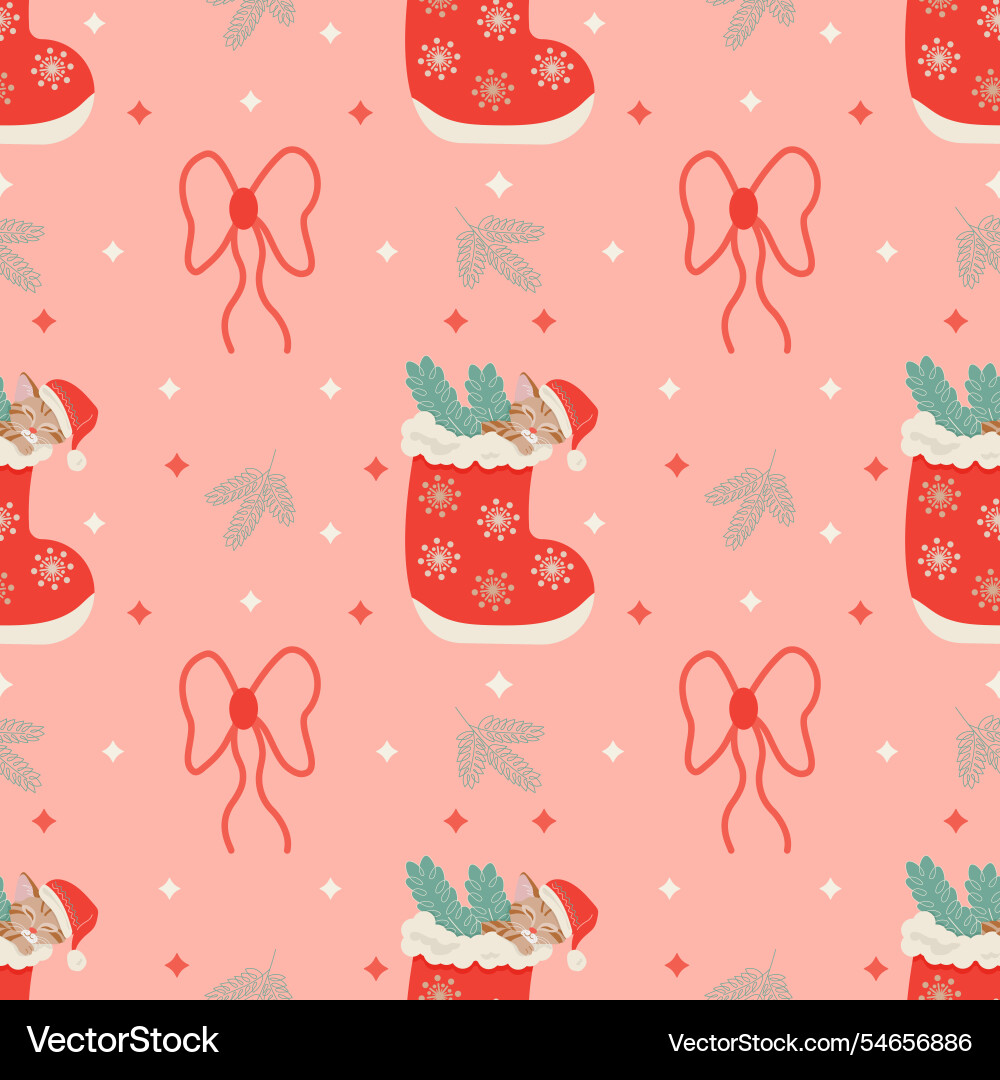Christmas pattern with a kitten sleeping in sock Christmas pattern with a kitten sleeping in sock vector image