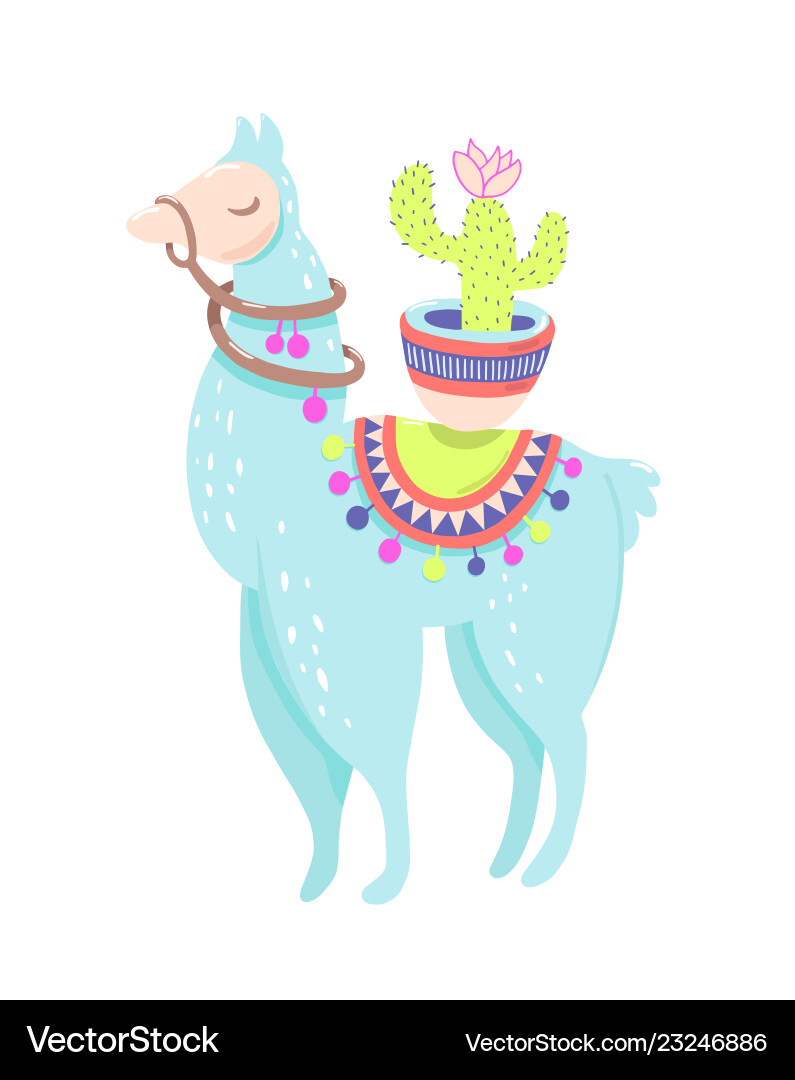 Funny llama with cactus isolated on white blue Funny llama with cactus isolated on white blue vector image