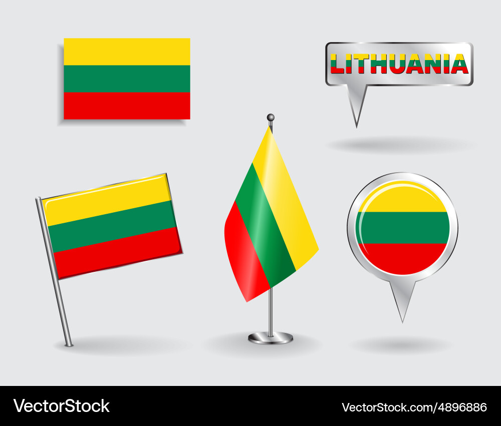 Set von lithuanischen Pin-Symbol und Kartenzeiger-Flags Vektorbild