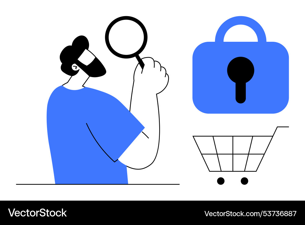 Man with magnifying glass examining secure online Vector Image