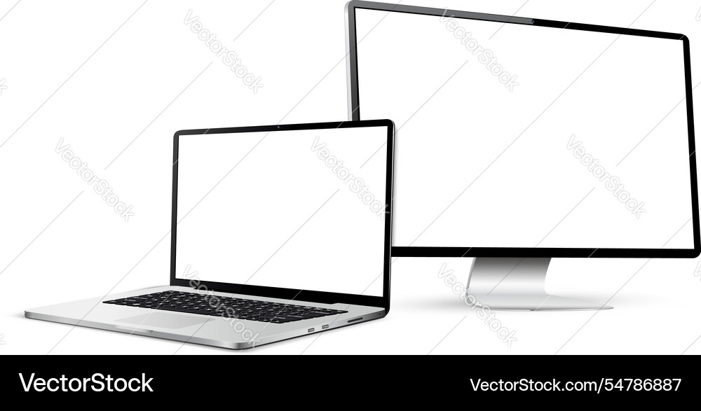 Realistic laptop and computer display with blank Realistic laptop and computer display with blank Vector Image