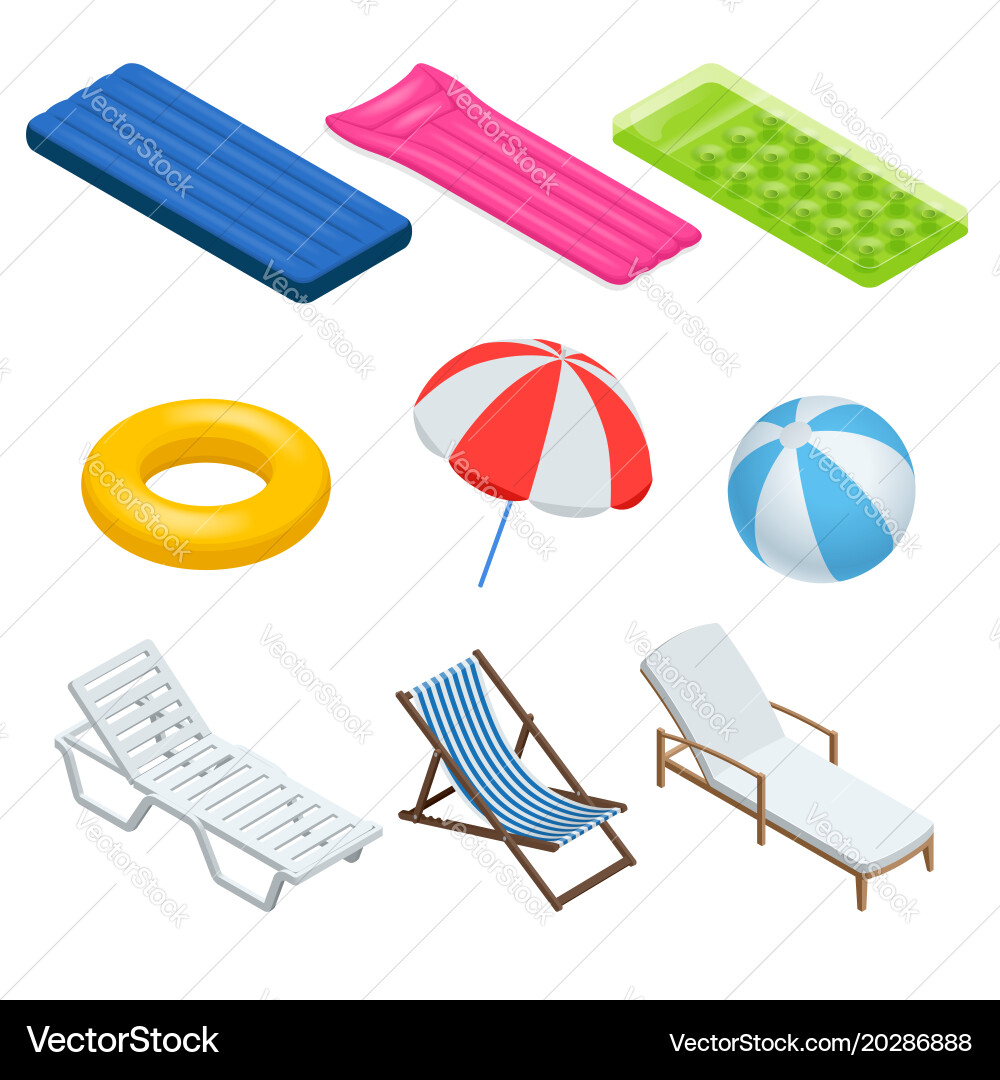 Isometric icons set of beach elements and objects Vector Image