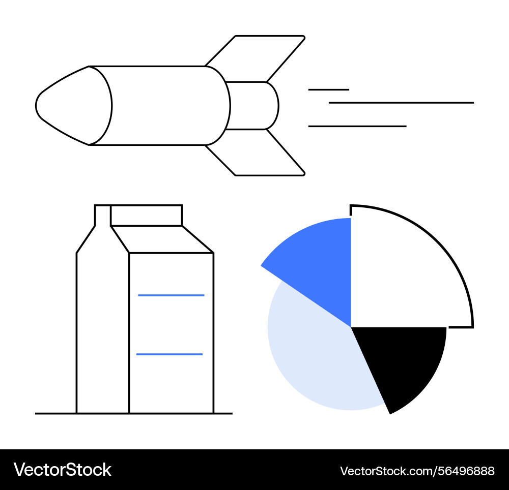 Rocket with speed lines carton box and pie chart Rocket with speed lines carton box and pie chart vector image