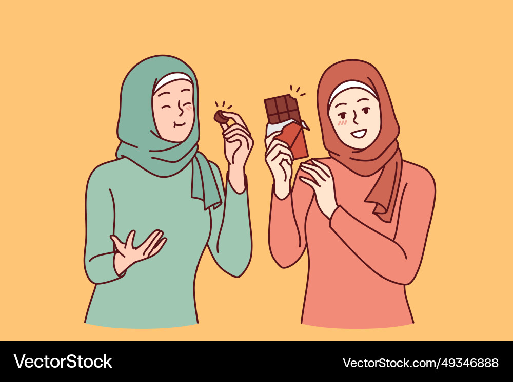 Zwei arabische Frauen essen Schokolade und freuen sich in Eile Zwei arabische Frauen essen Schokolade und freuen sich in Eile vektorbild
