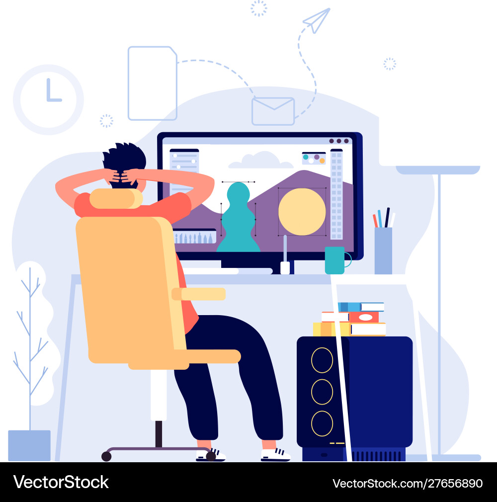 Grafikdesigner Konzept Mann bei Computerarbeiten Grafikdesigner Konzept Mann bei Computerarbeiten vektorbild