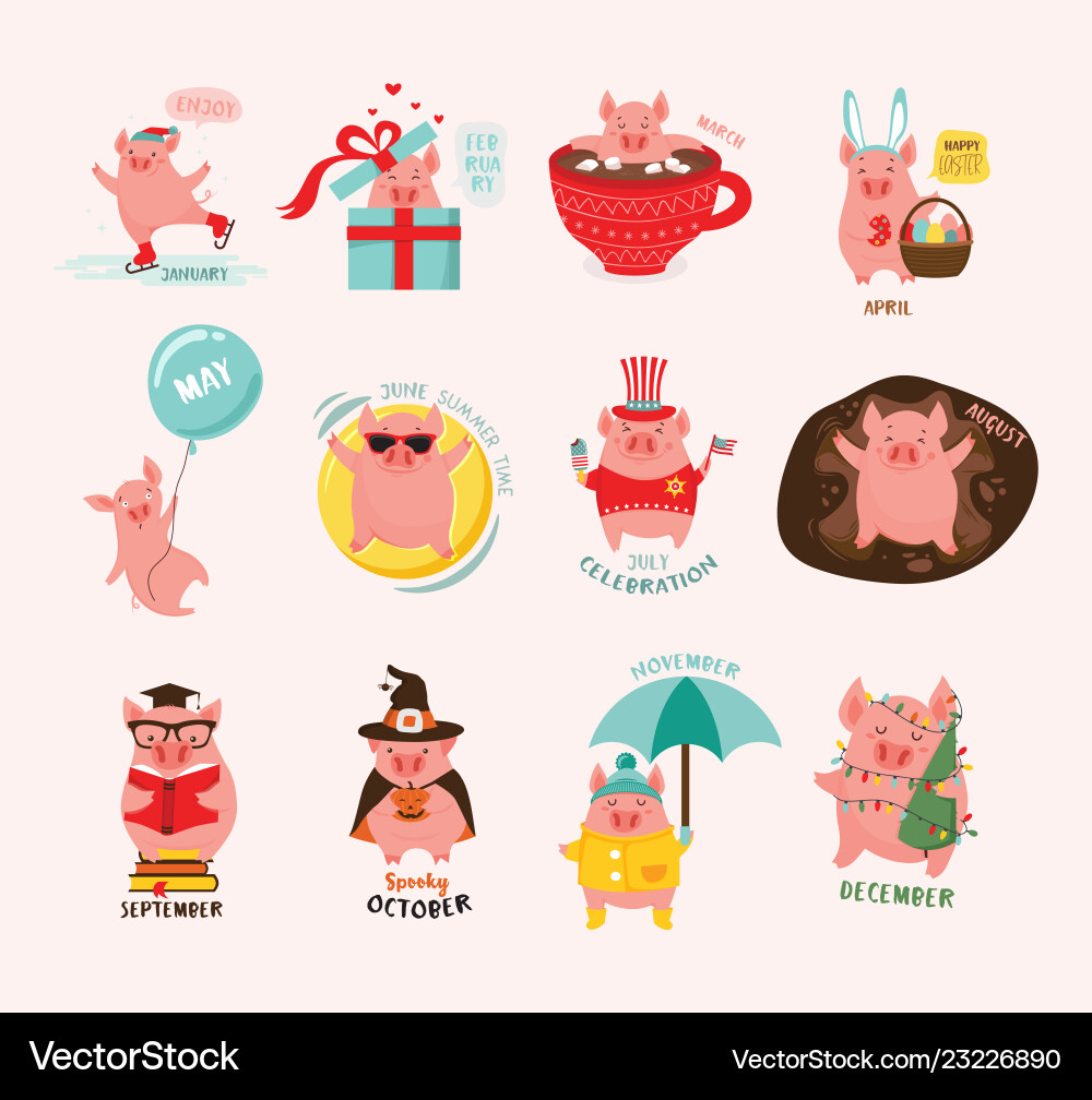 Monthly cartoon cute pigs for 2019 calendar Monthly cartoon cute pigs for 2019 calendar vector image