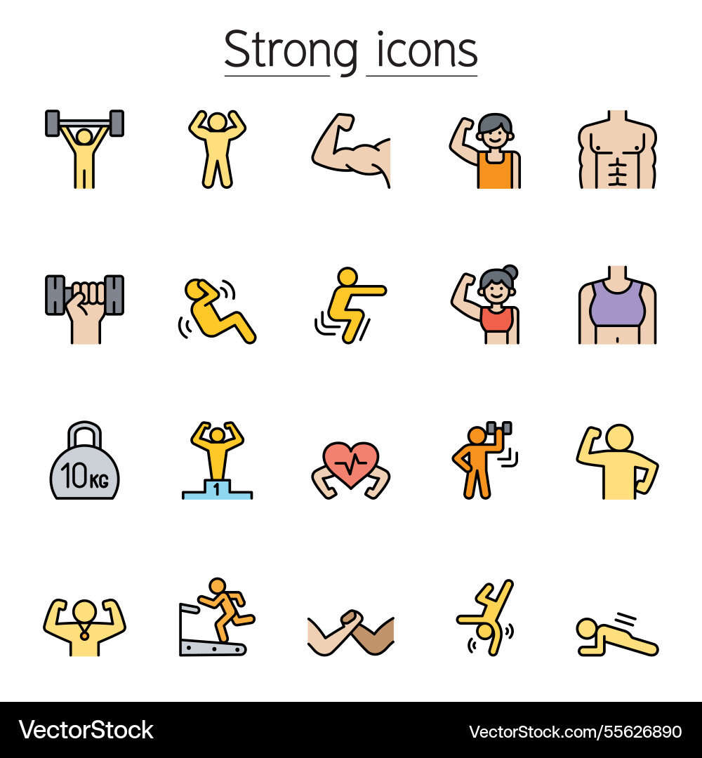 Strong fit exercise icon set in color line style Strong fit exercise icon set in color line style Vector Image