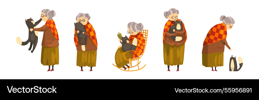 Funny granny with her black cat pet set Funny granny with her black cat pet set vector image