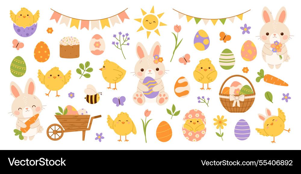 Cute easter elements set flat Royalty Free Vector Image