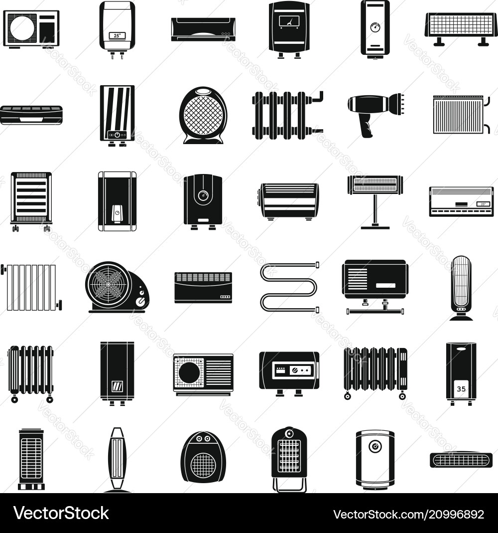 Electric heater device icons set simple style Electric heater device icons set simple style vector image
