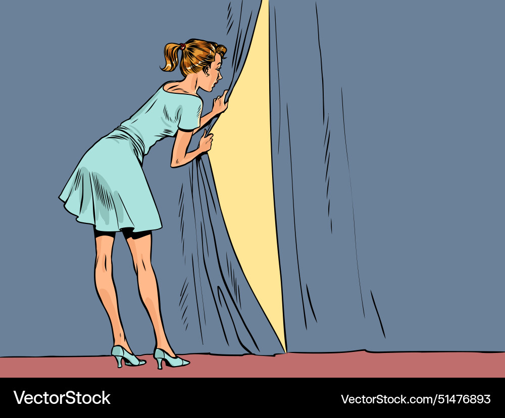Pop Art retro das Mädchen öffnet Vorhang und Aussehen Pop Art retro das Mädchen öffnet Vorhang und Aussehen vektorbild