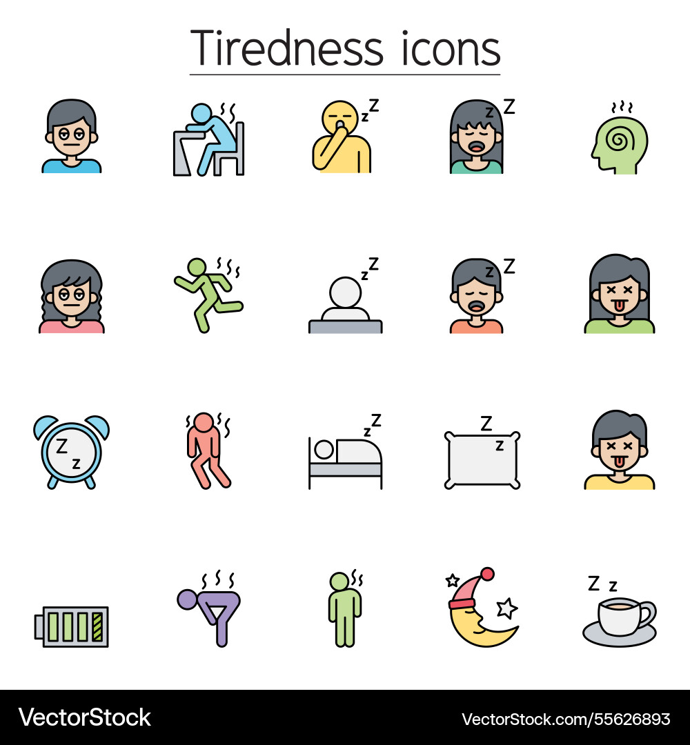 Tiredness sleepy icon set in color line style Tiredness sleepy icon set in color line style vector image